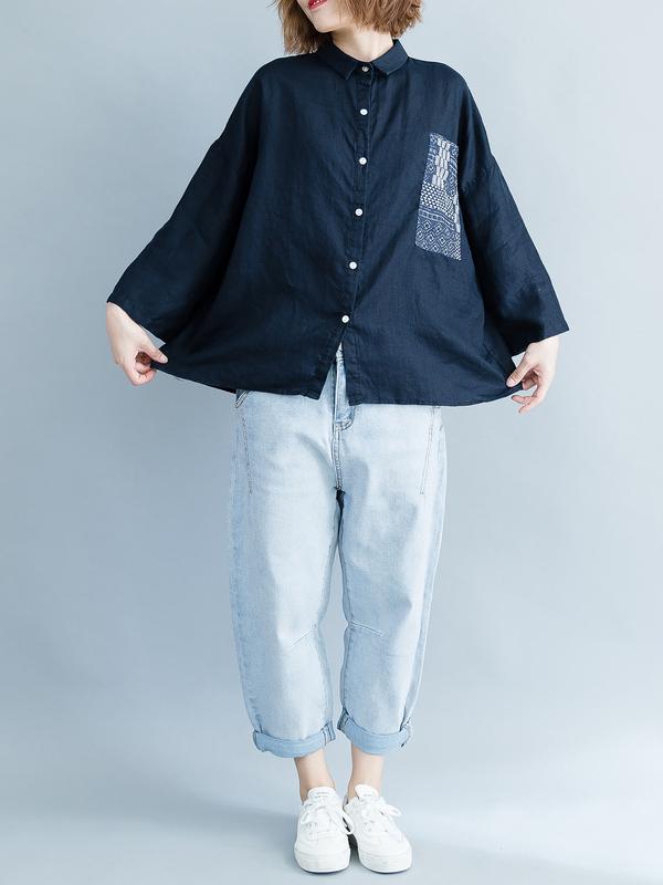 Loose Floral Printed Lapel Long Sleeves BLouses