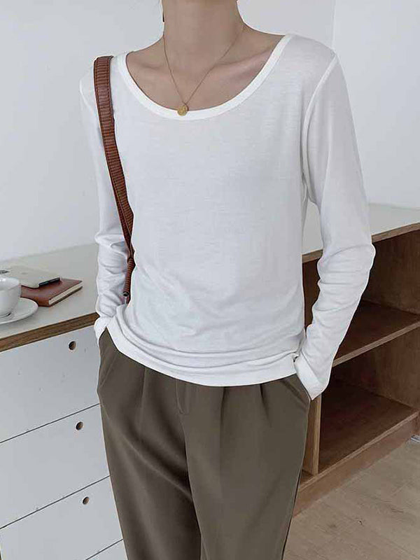 Casual Solid Color Long Sleeves Round-Neck T-Shirt Tops