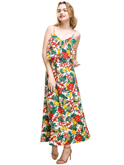 Printed Falbala Spaghetti-neck Maxi Dress