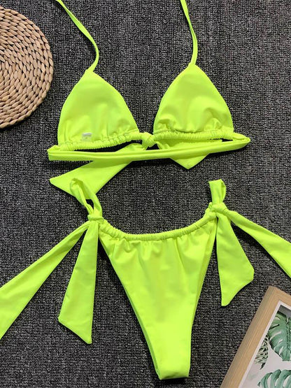 Triangle Top Ruched Plain Bikini Set