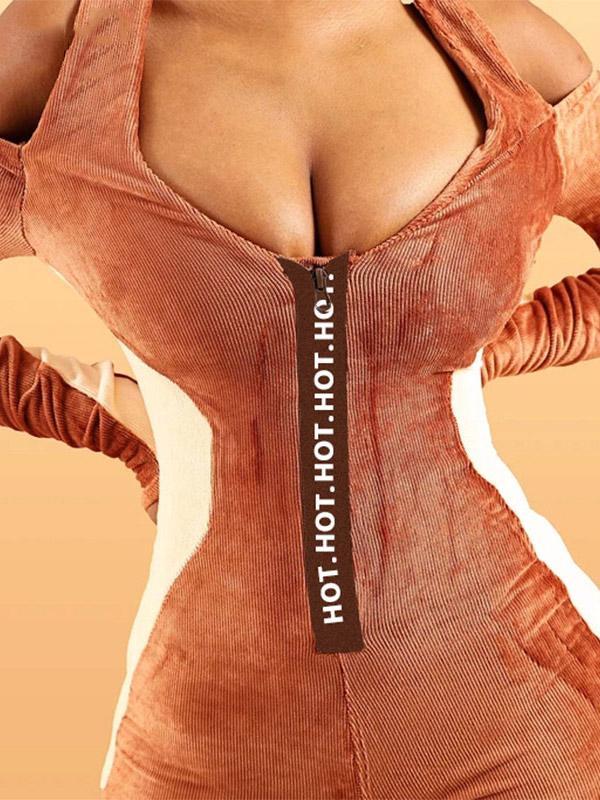 Contrast Color Long Sleeves Halter Neck Rompers