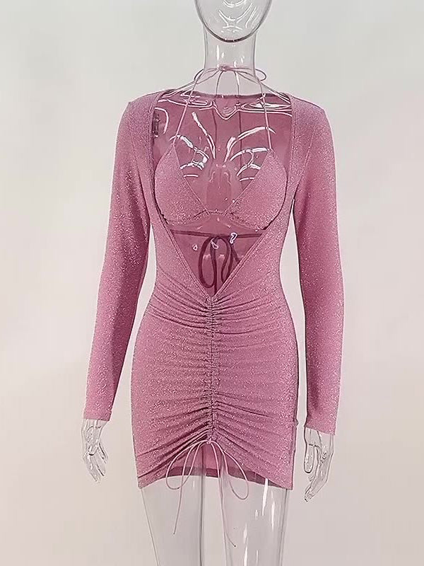 Wrap Solid Color Bra&Mini Dress Suits