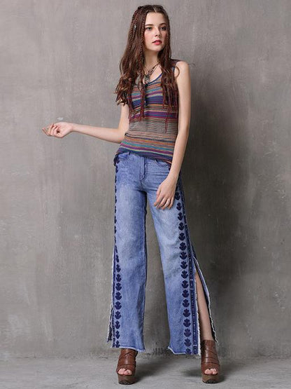 Vintage Embroidery Split Wide Leg