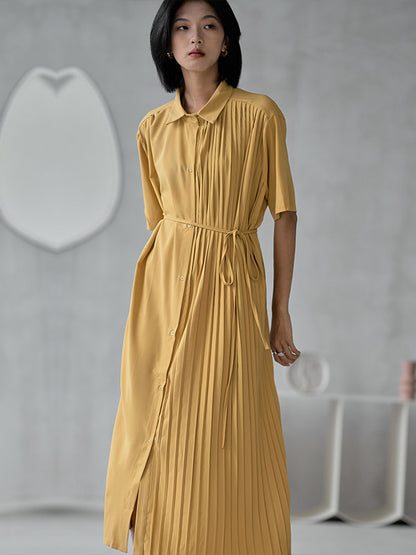 Stylish Split-Joint Pleated Belted Lapel A-Line Short Sleeves Midi Dress