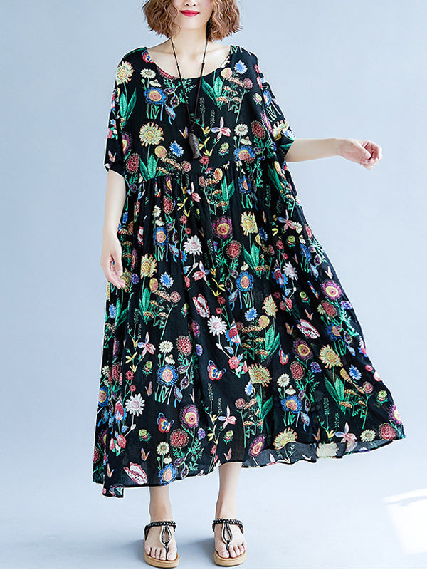 Vintage Loose Pleated Floral Printed Short Sleeves Midi Dress