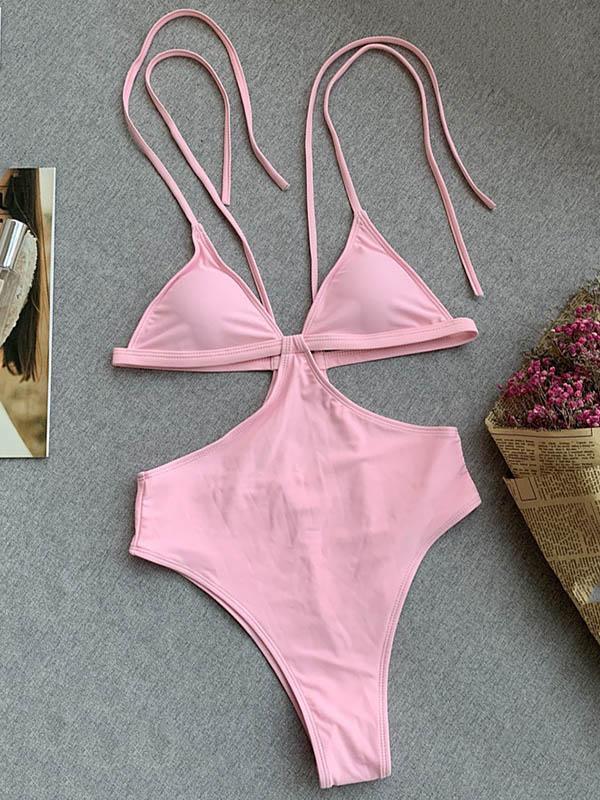 Solid Color Hollow Bandage Bikini Swimsuit