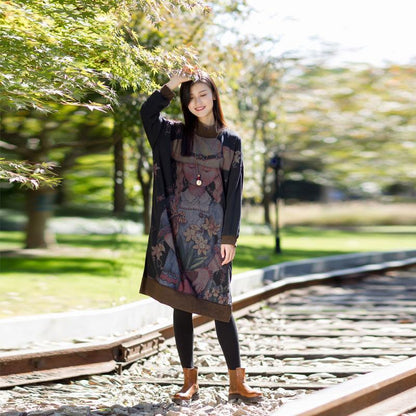 Cartoon Print Long Sleeve Midi Loose Dress