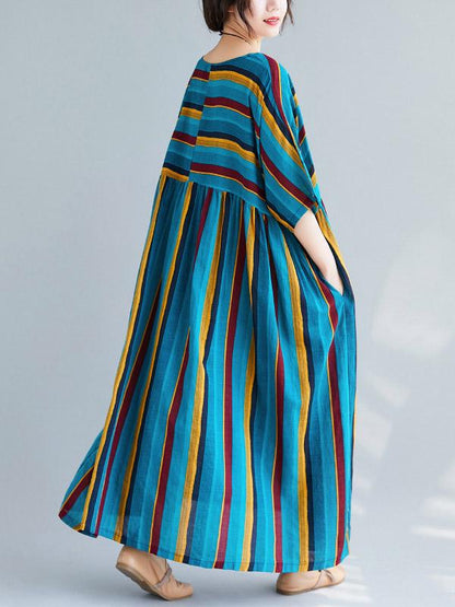 Loose Retro Striped Round-neck Long Dress