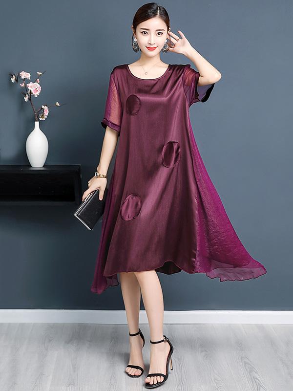 Plus Size Solid Color A-line Round-neck Mini Dress
