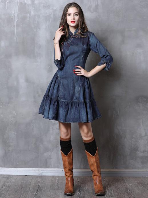 Vintage Falbala Short Cheongsams Denim Dress