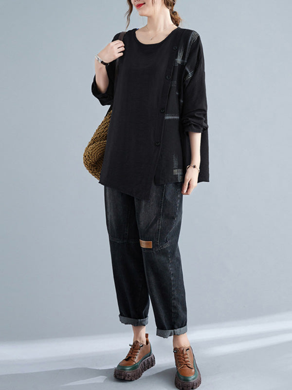 Casual Asymmetric Buttoned Round-Neck Long Sleeves T-Shirt Tops