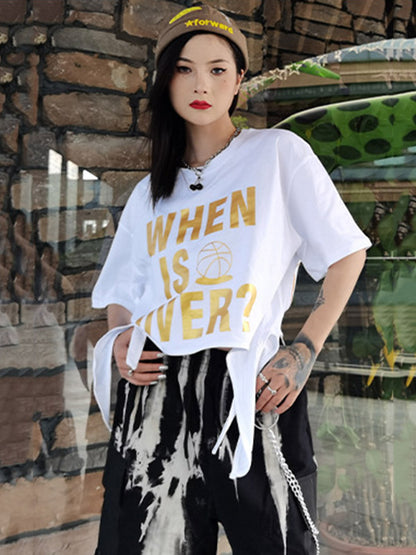 Stylish Letter&Character Print Asymmetric Short T-Shirt