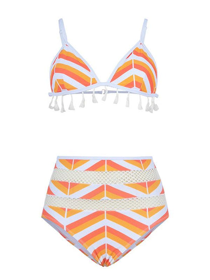Hollow Striped High Waisted Bikini Swimsuit