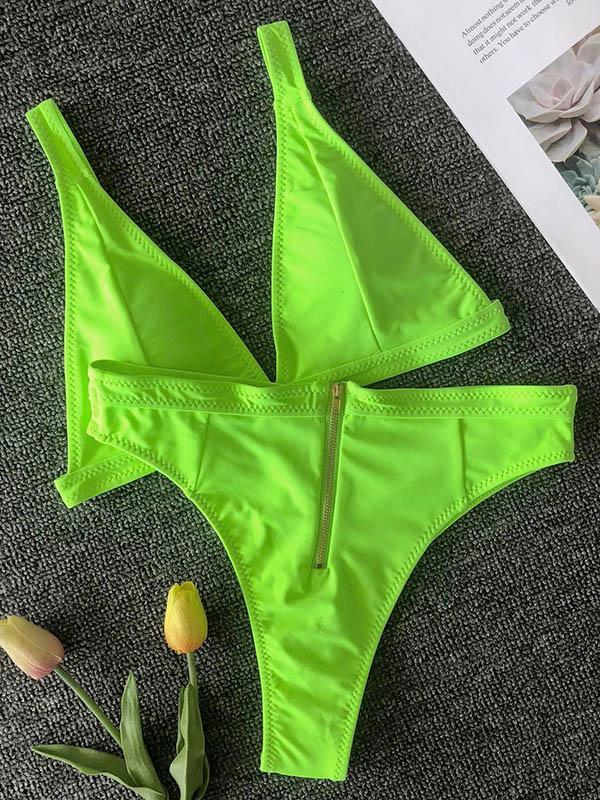 Solid Color Triangles Split Bikini Swimsuit