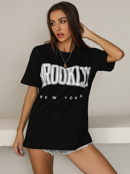Stylish Black Letter Print Round-Neck Short Sleeves T-Shirts