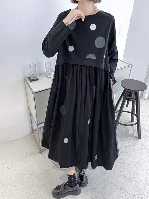 Stylish Split-Joint Pleated Polka-Dot Round-Neck Long Sleeves Midi Dress