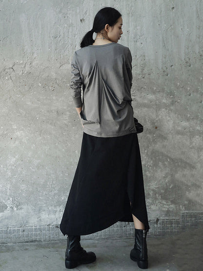 Casual Solid Color Pleated Long Sleeves Round-Neck T-Shirt Tops