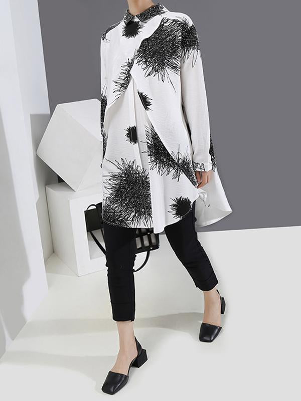 Black&White Long Sleeve Loose Blouse Cropped Printed Shirt