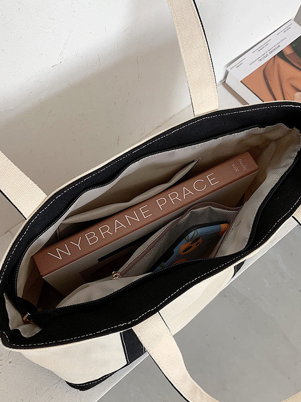 Simple Split-Joint Canvas Shoulder Bag Tote Bag