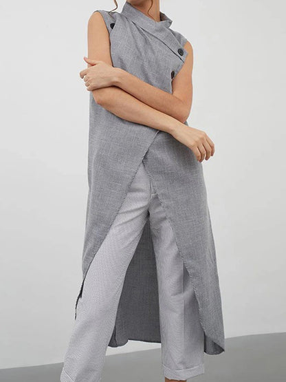 Stylish High-Low Solid Color Cross-Strap Stand Collar Vest Top