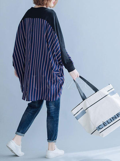 Loose Striped False-two Batwing Sweatshirt
