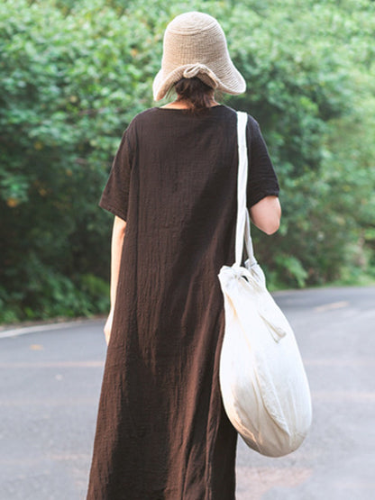 Simple Ramie Cotton V-Neck Short Sleeve Midi Dress