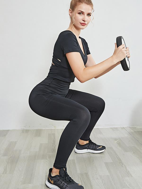 Sexy Wrap Solid Sports Tees Yoga Suits