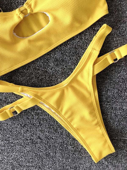 Solid Color Hollow Bandage Split Bikini Swimsuit