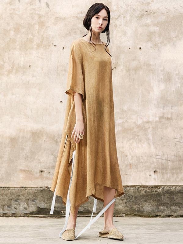 Ginger Yellow Raised Bands Bow-embellished Wide Sleeves Long Dress