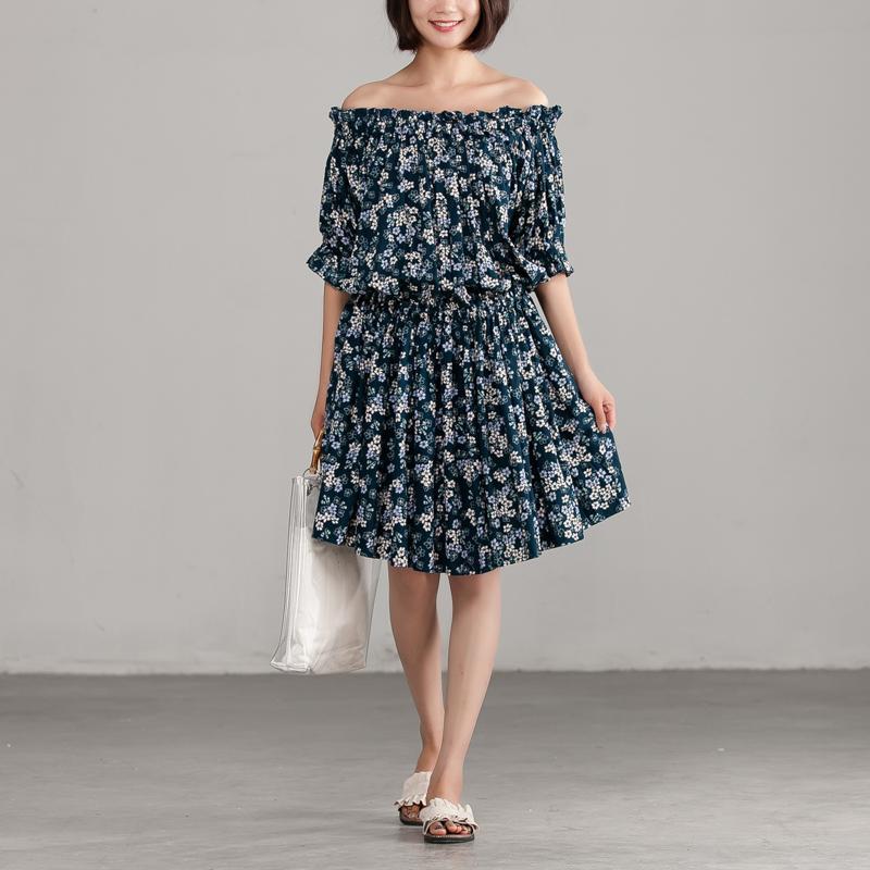 Cotton Off Shoulder Floral Navy Blue Dress