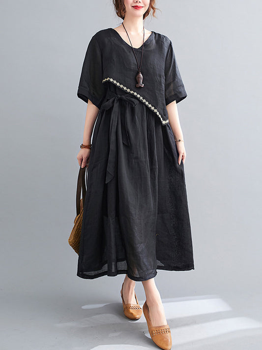 Artistic Retro Solid Color Split-Joint Pleated Tied Embroidered Half Sleeves V-Neck Midi Dress