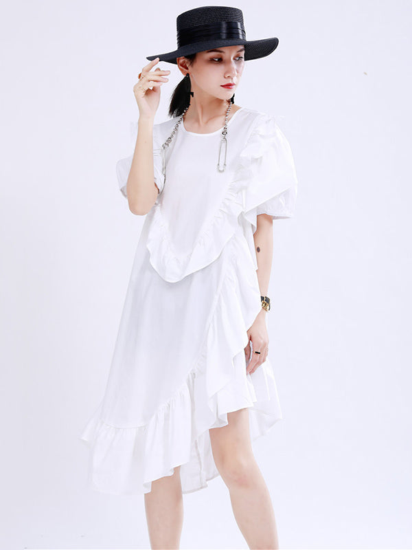 Original Irregular Solid Color Split-Joint Falbala Round-Neck Short Sleeves Midi Dress