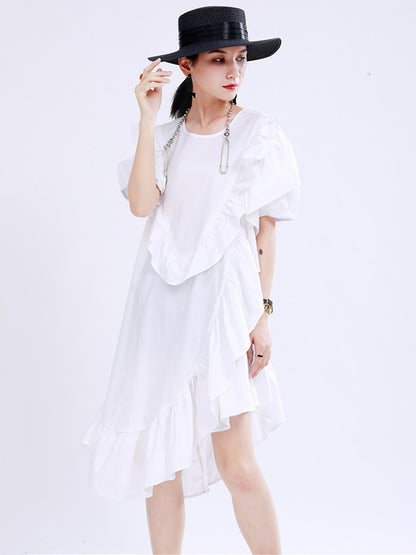 Original Irregular Solid Color Split-Joint Falbala Round-Neck Short Sleeves Midi Dress