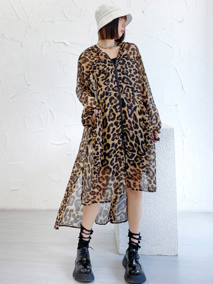 Original Leopard Zipper Split-Side Hooded Long Sleeves Sun-Protection Outerwear