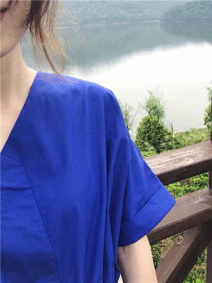 Loose Solid V-neck Short Sleeves Dress