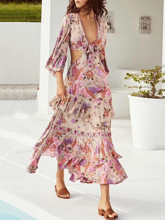 Sexy V-neck Mandarin Sleeve Floral Printed Maxi Dress