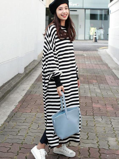Loose Split-side Striped Blouse Skirt