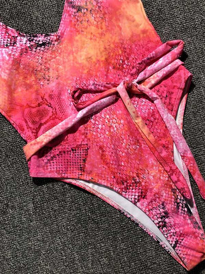 Lace Up Snakeskin Print One Piece Swimsuit