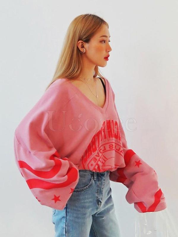 Loose Printed V-neck Sweatshirt