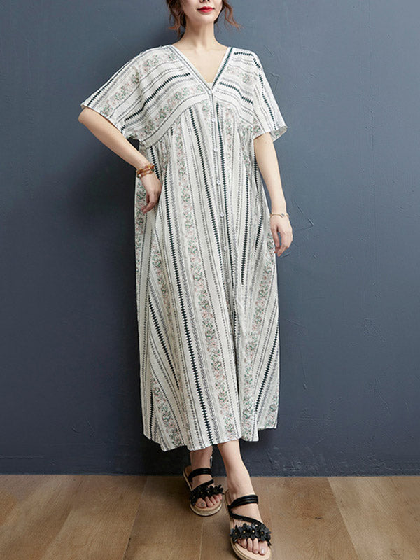 Floral Printed Casual V-Neck Buttoned Midi Dress