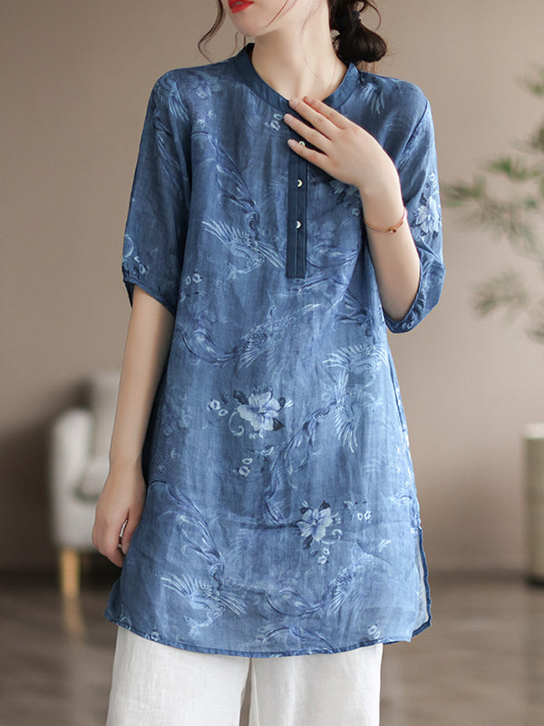 Vintage Half Sleeves Ramie Printed Thin T-Shirt
