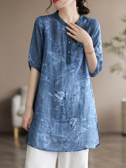 Vintage Half Sleeves Ramie Printed Thin T-Shirt