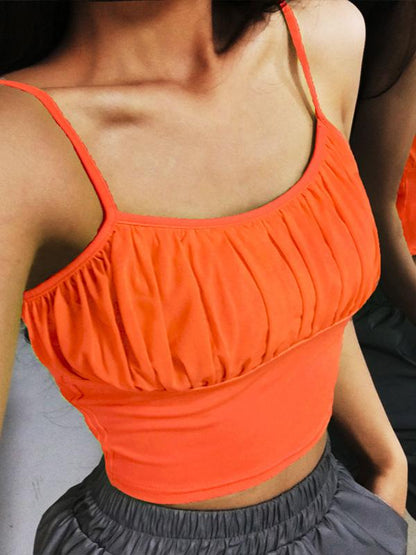 Solid Pleated Spaghetti-neck Vest Top
