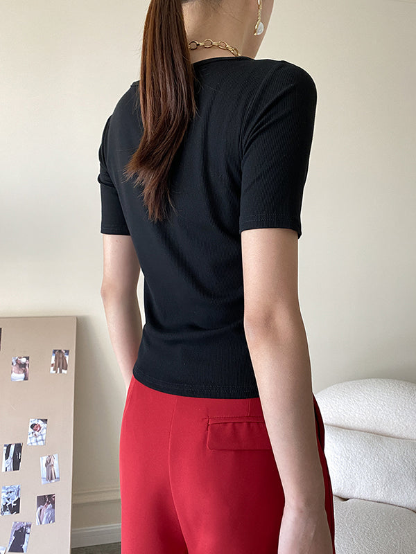 Original Stylish Solid Color Buttoned Skinny T-Shirt Top