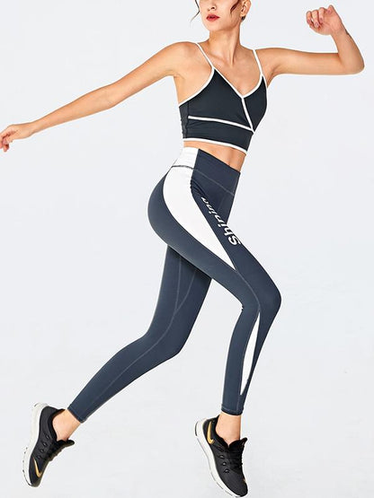 Sexy Spaghetti-Neck Contrast Color Letters Printed Yoga Suits