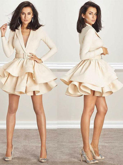 Deep V-neck Long Sleeve Tight with Belt Mini Dress