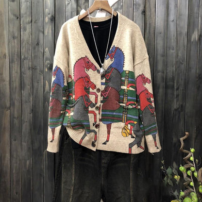 Buykud Cartoon Horse Printed V-neck Knitted Coat