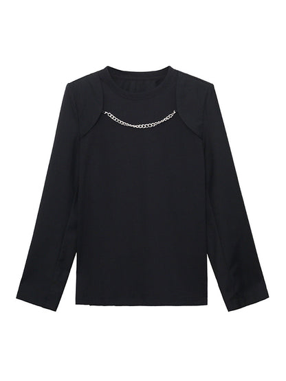Cool Solid Color Split-Joint With Chain Round-Neck Long Sleeves T-Shirt