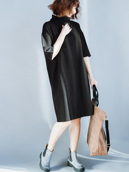 Solid Loose High-neck Half Sleeves Dress