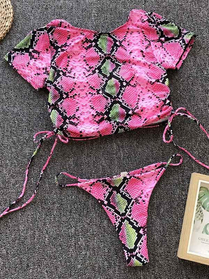 Lace Up Bandeau Short Sleeve Bikini Swimsuit
